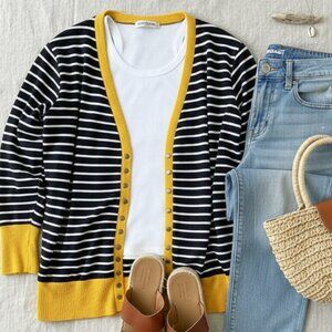Zenana Striped Snap Front Cardigan - Navy/White with Yellow Trim - Size 3X